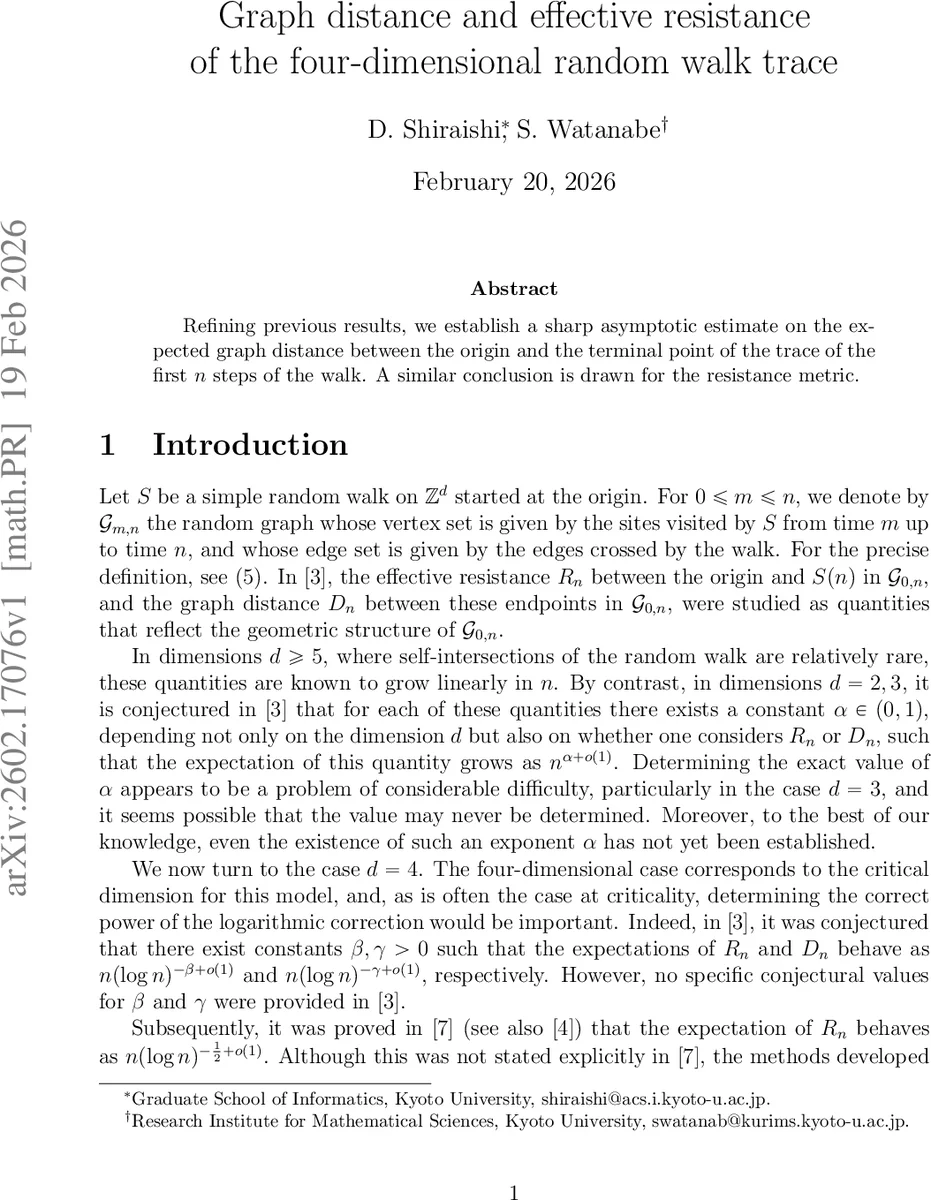 Graph distance and effective resistance of the four-dimensional random walk trace