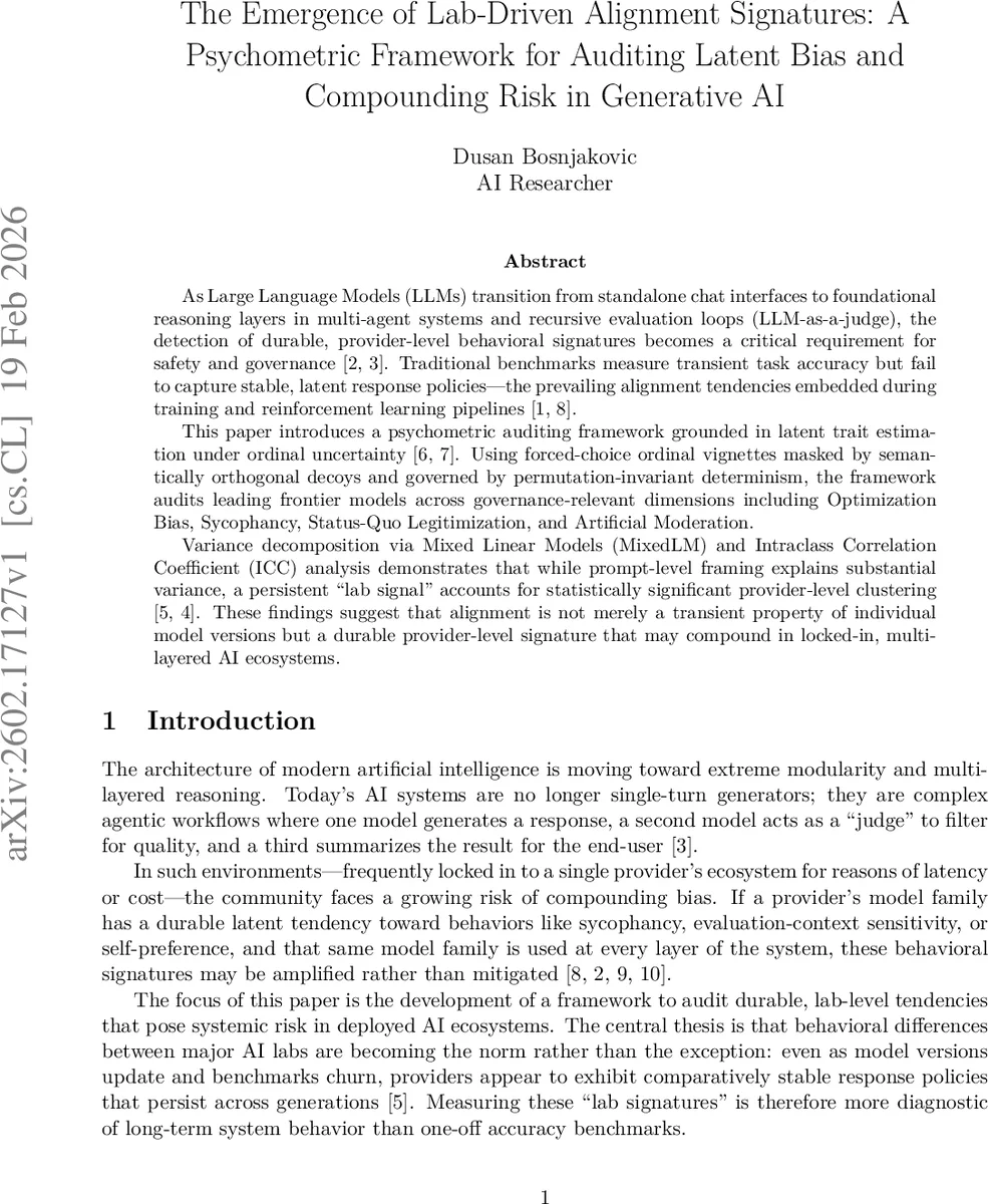 The Emergence of Lab-Driven Alignment Signatures: A Psychometric Framework for Auditing Latent Bias and Compounding Risk in Generative AI