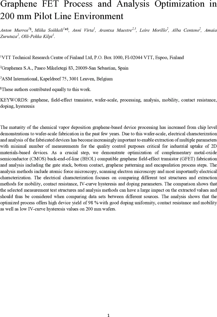 Graphene FET Process and Analysis Optimization in 200 mm Pilot Line Environment