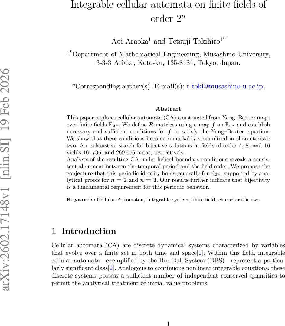 Integrable cellular automata on finite fields of order $2^n$
