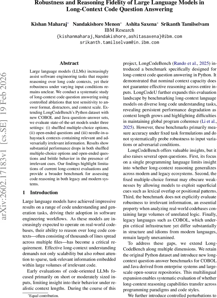Robustness and Reasoning Fidelity of Large Language Models in Long-Context Code Question Answering