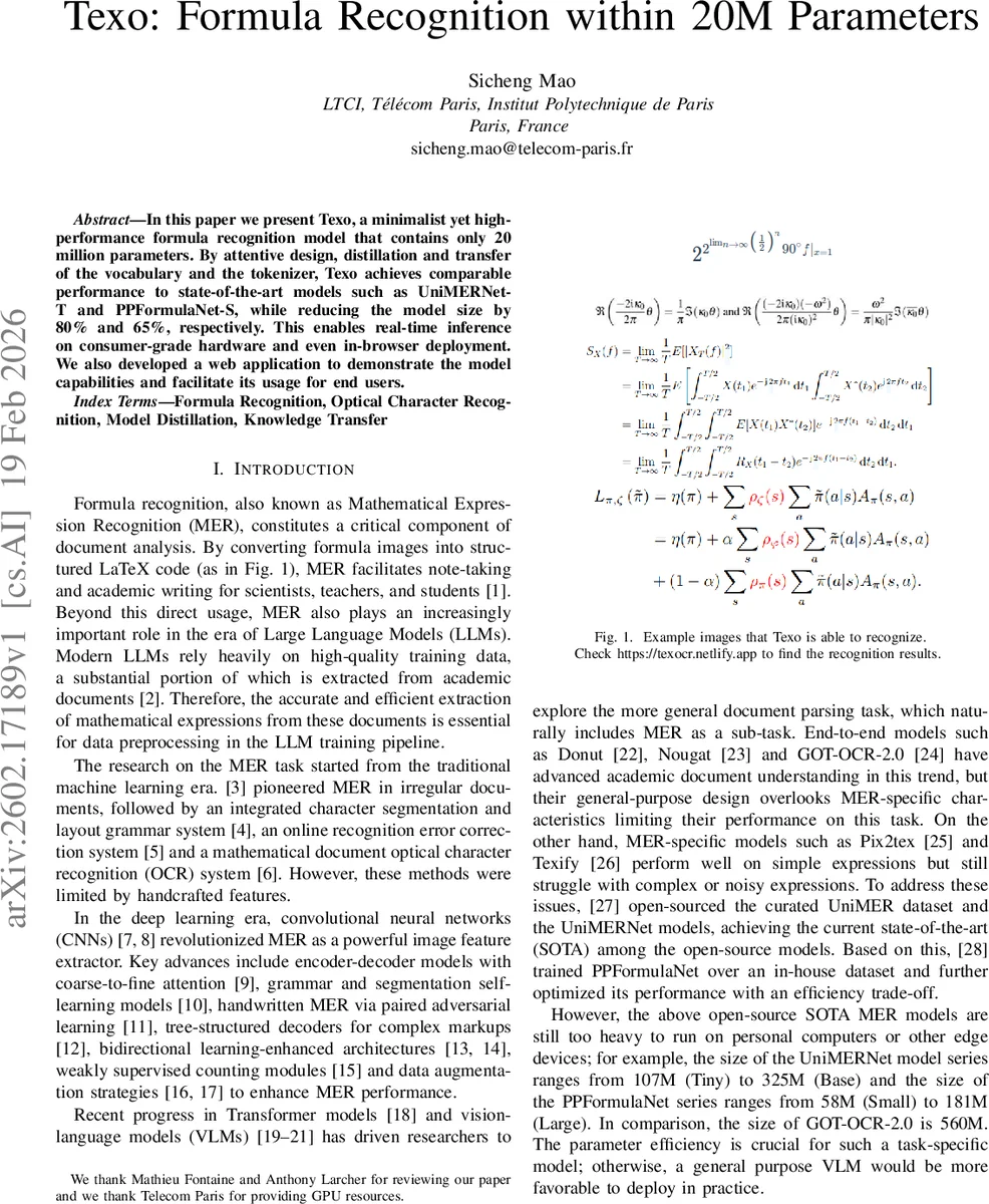 Texo: Formula Recognition within 20M Parameters