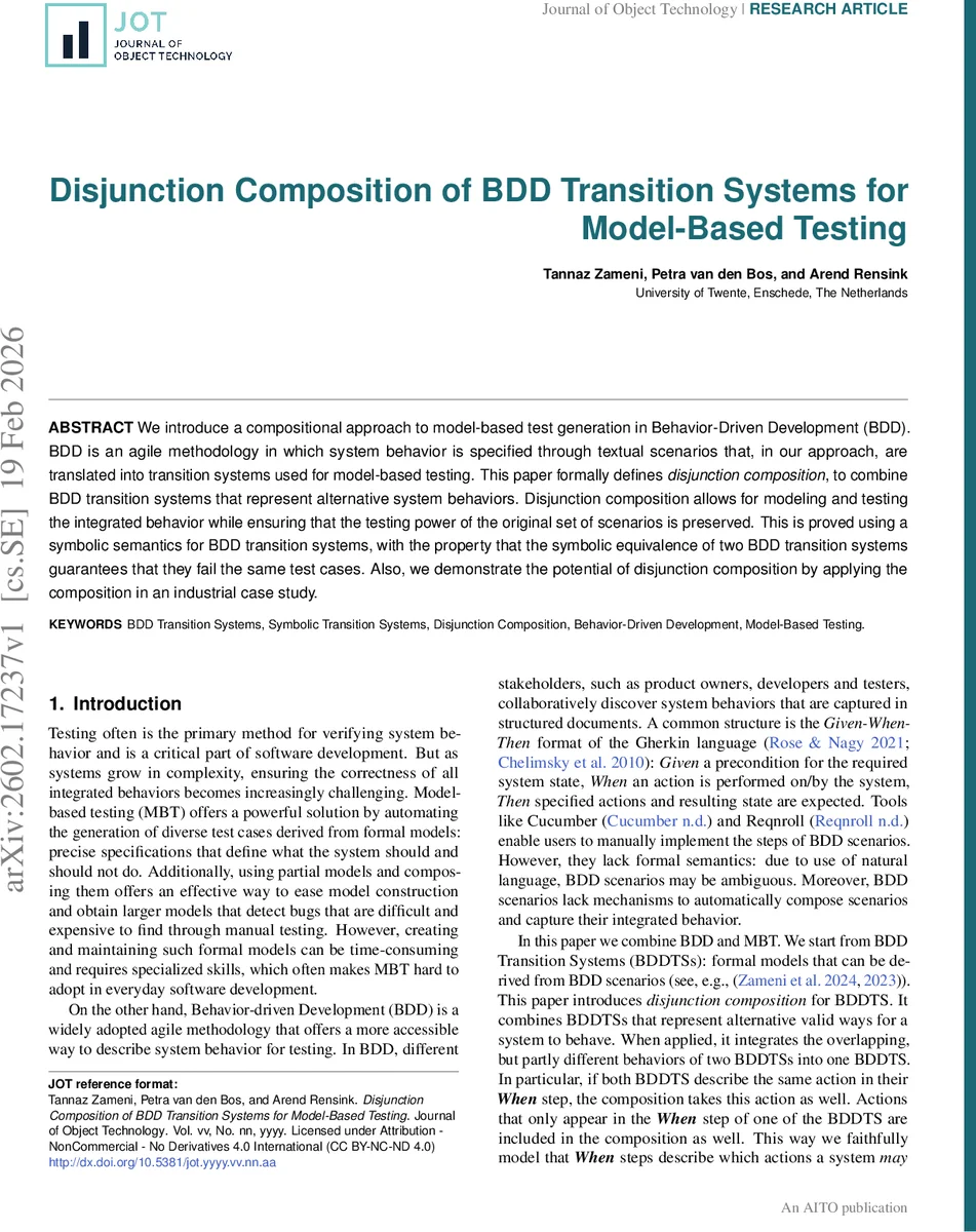 Disjunction Composition of BDD Transition Systems for Model-Based Testing