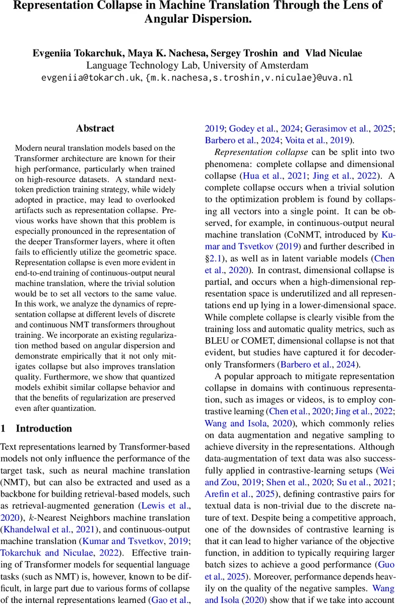 Representation Collapse in Machine Translation Through the Lens of Angular Dispersion