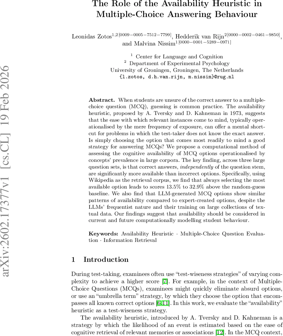 The Role of the Availability Heuristic in Multiple-Choice Answering Behaviour