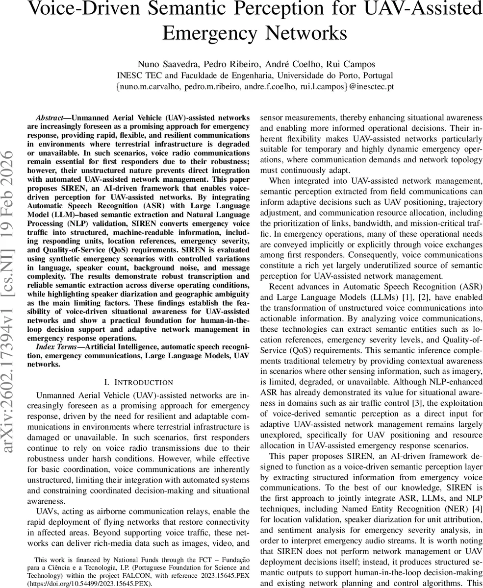 Voice-Driven Semantic Perception for UAV-Assisted Emergency Networks