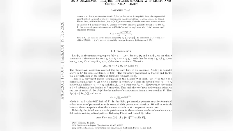 On a Quadratic Relation Between Stanley-Wilf Limits and Füredi-Hajnal Limits