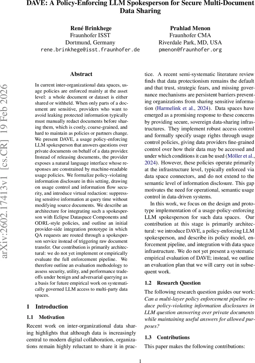 DAVE: A Policy-Enforcing LLM Spokesperson for Secure Multi-Document Data Sharing