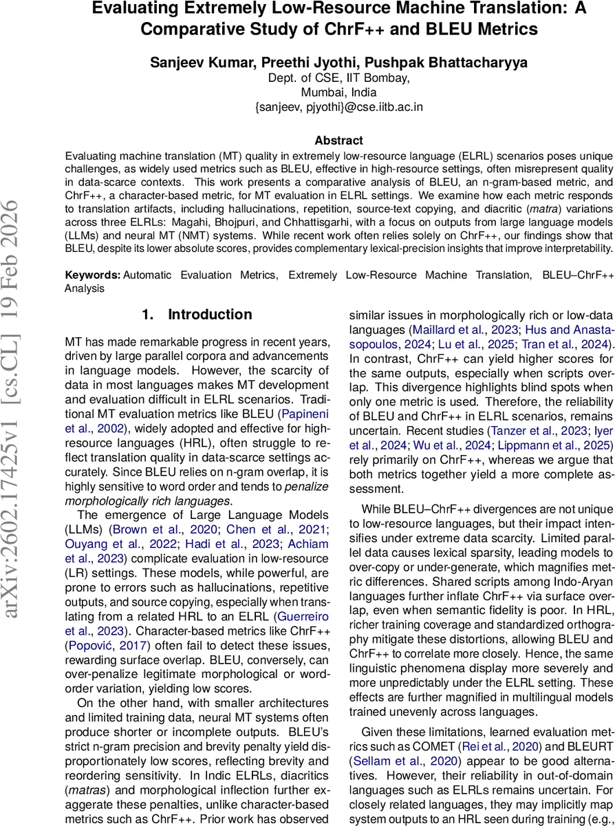 Evaluating Extremely Low-Resource Machine Translation: A Comparative Study of ChrF++ and BLEU Metrics