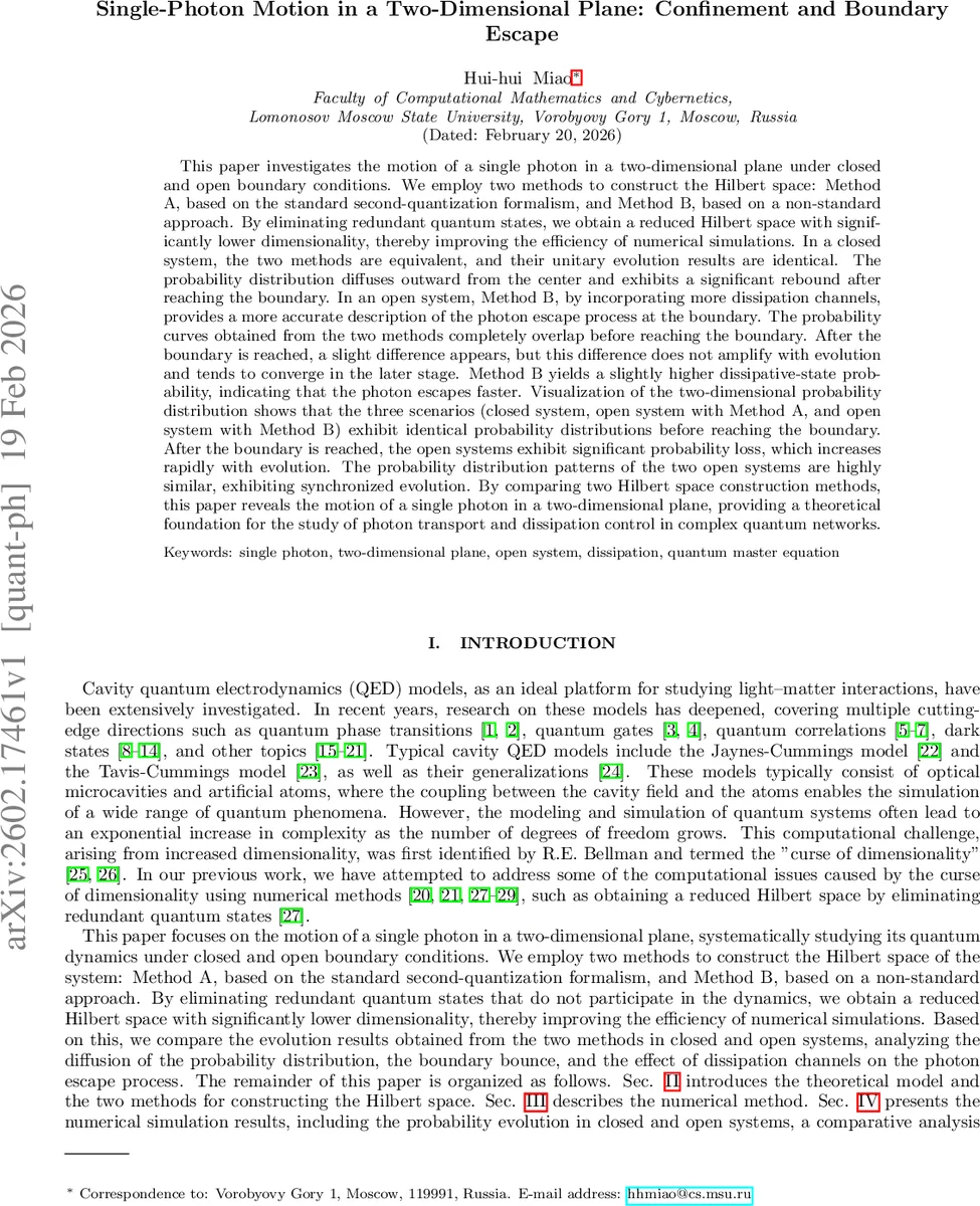 Single-Photon Motion in a Two-Dimensional Plane: Confinement and Boundary Escape