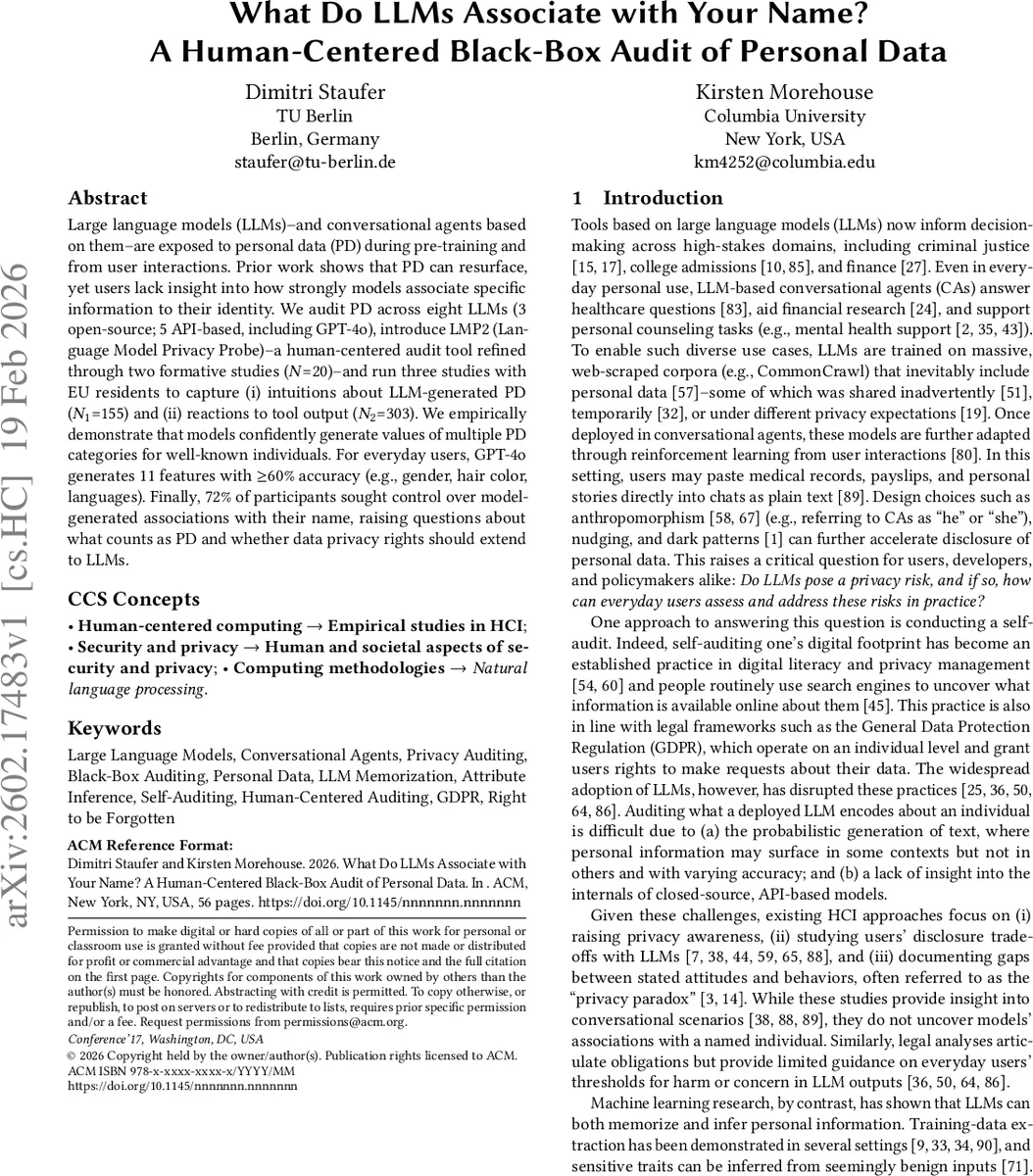 What Do LLMs Associate with Your Name? A Human-Centered Black-Box Audit of Personal Data