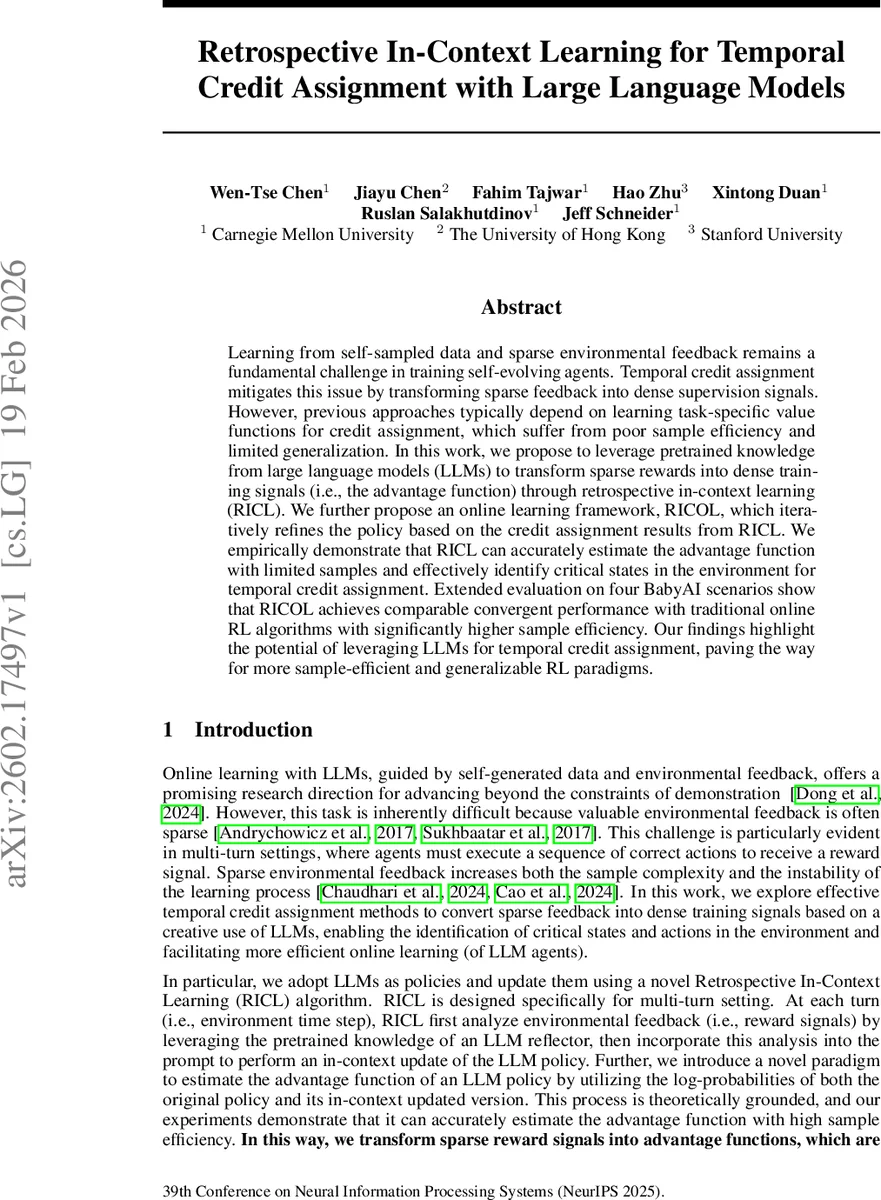 Retrospective In-Context Learning for Temporal Credit Assignment with Large Language Models