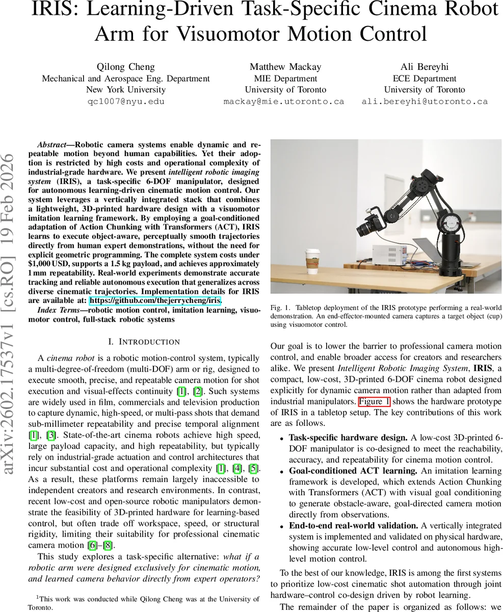 IRIS: Learning-Driven Task-Specific Cinema Robot Arm for Visuomotor Motion Control