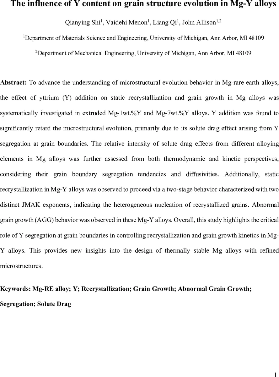 The influence of Y content on grain structure evolution in Mg-Y alloys