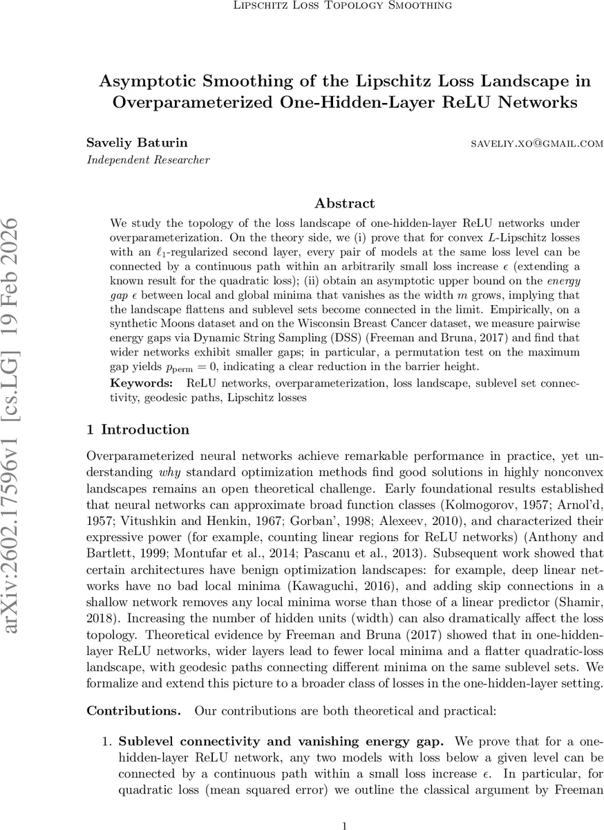 Asymptotic Smoothing of the Lipschitz Loss Landscape in Overparameterized One-Hidden-Layer ReLU Networks