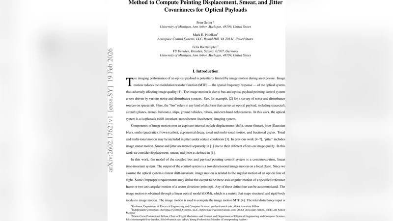 Method to Compute Pointing Displacement, Smear, and Jitter Covariances for Optical Payloads