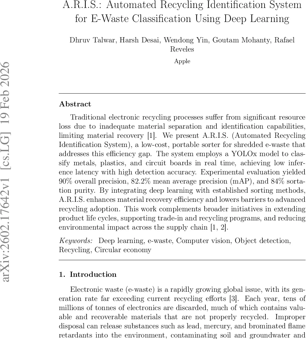 A.R.I.S.: Automated Recycling Identification System for E-Waste Classification Using Deep Learning