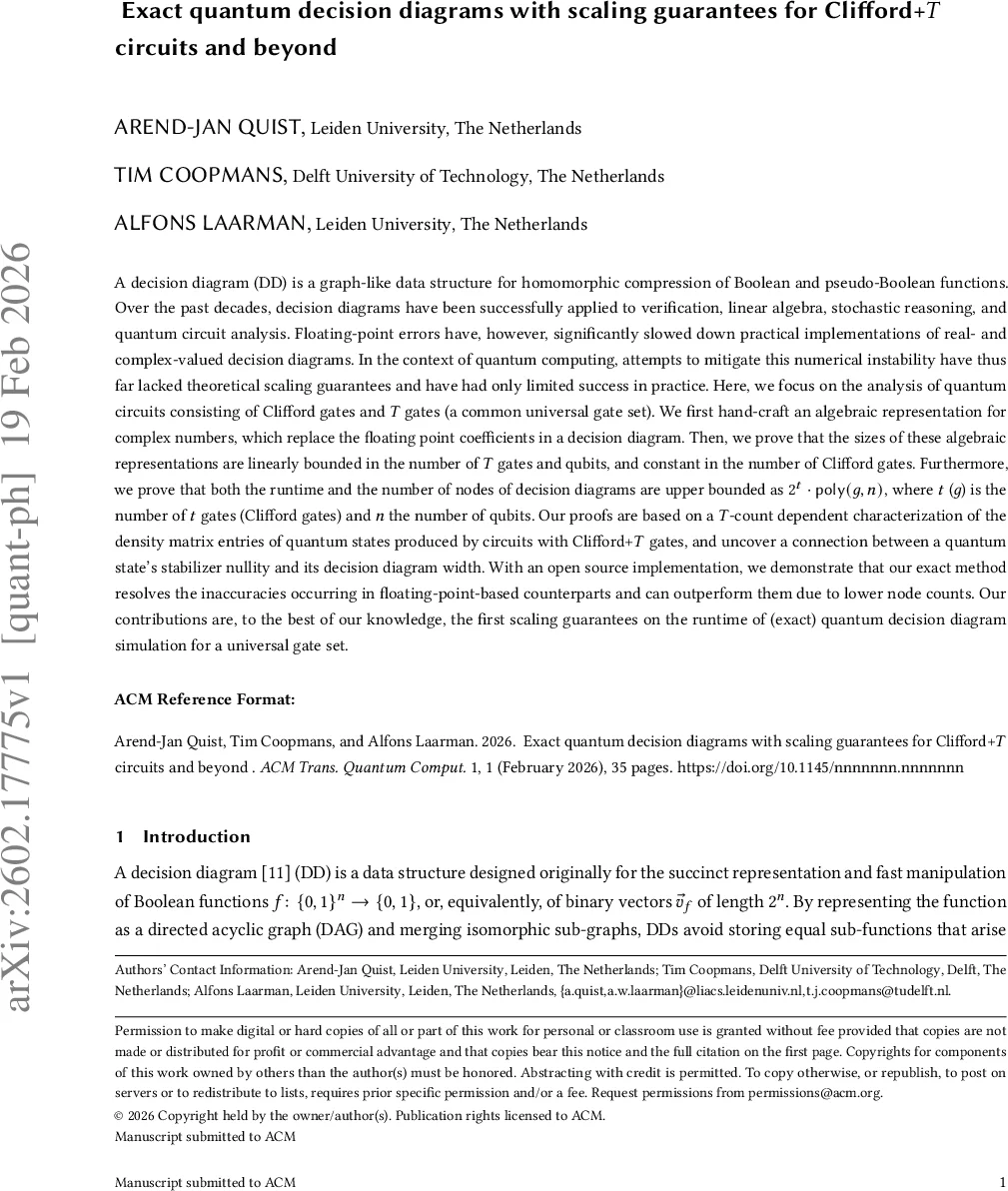 Exact quantum decision diagrams with scaling guarantees for Clifford+$T$ circuits and beyond