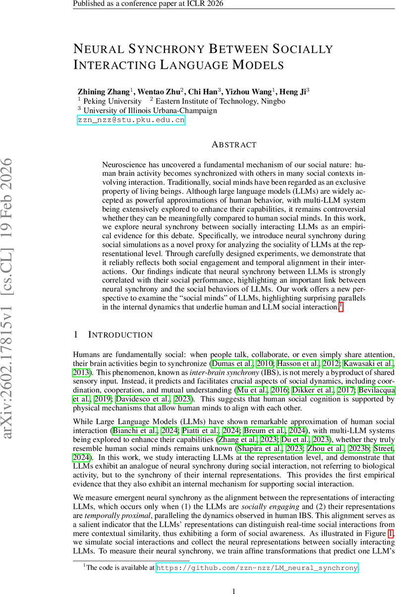 Neural Synchrony Between Socially Interacting Language Models