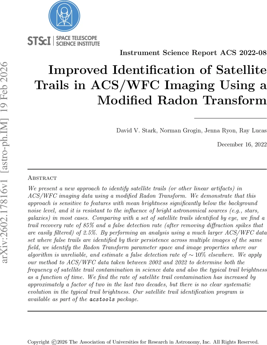Improved Identification of Satellite Trails in ACS/WFC Imaging Using a Modified Radon Transform
