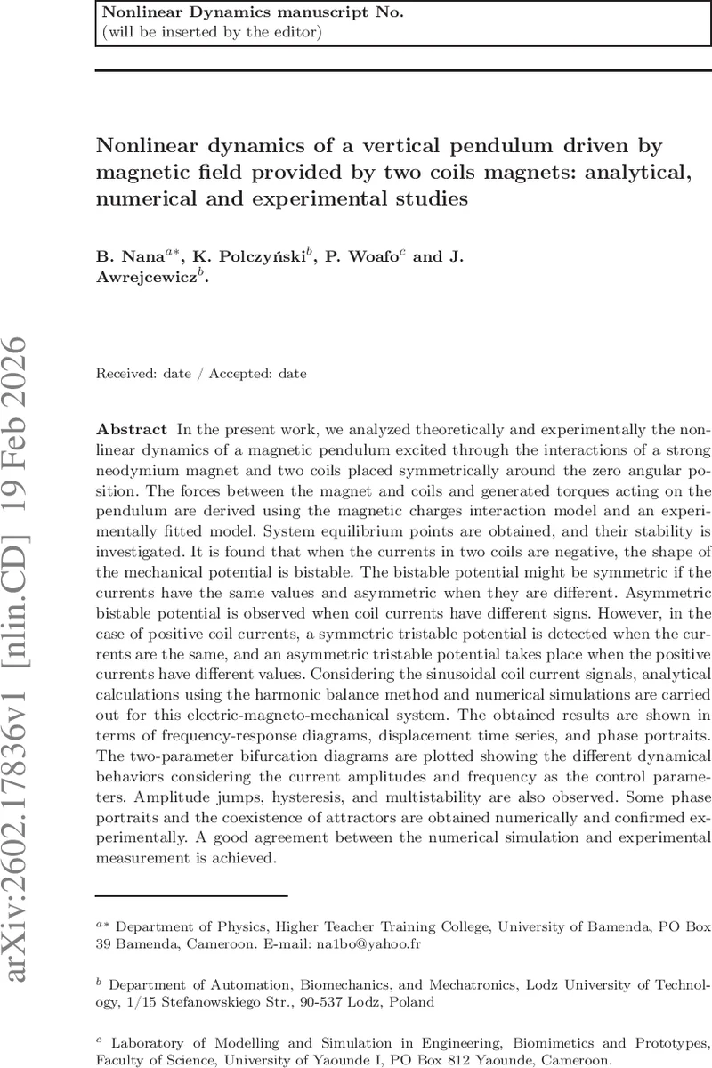 Nonlinear dynamics of a vertical pendulum driven by magnetic field provided by two coils magnets: analytical, numerical and experimental studies