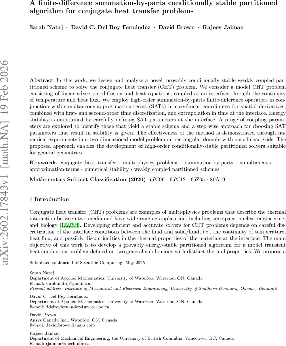 A finite-difference summation-by-parts, conditionally stable partitioned algorithm for conjugate heat transfer problems