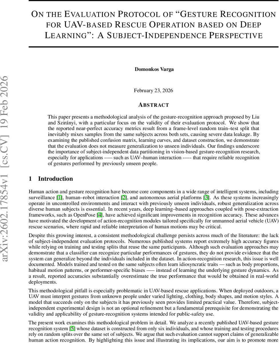 On the Evaluation Protocol of Gesture Recognition for UAV-based Rescue Operation based on Deep Learning: A Subject-Independence Perspective