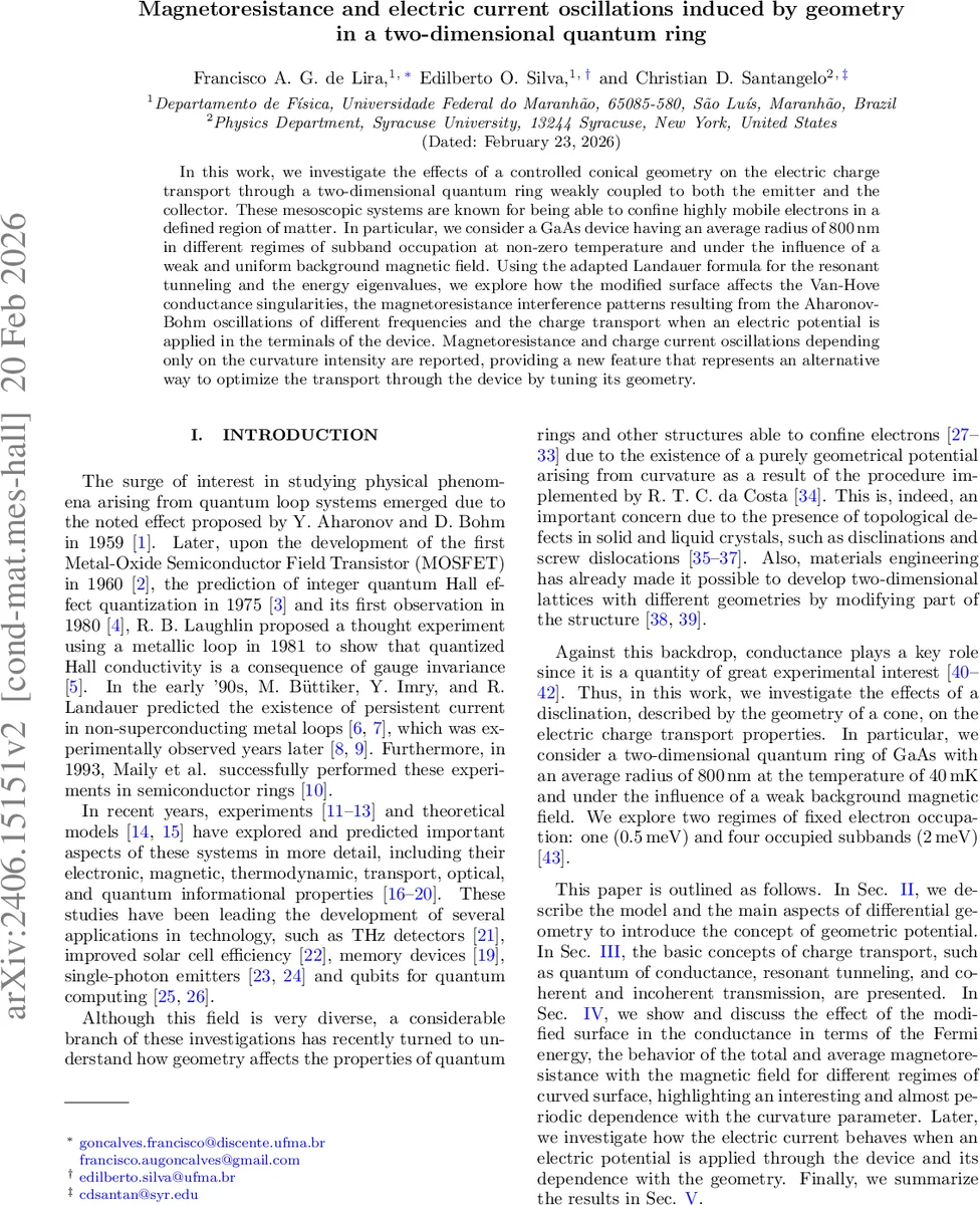 Magnetoresistance and electric current oscillations induced by geometry in a two-dimensional quantum ring