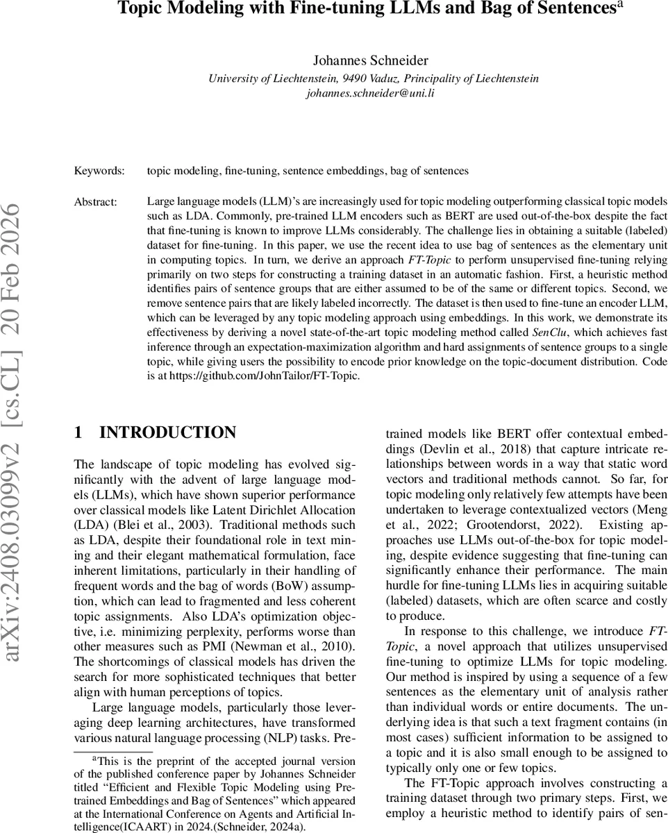 Topic Modeling with Fine-tuning LLMs and Bag of Sentences