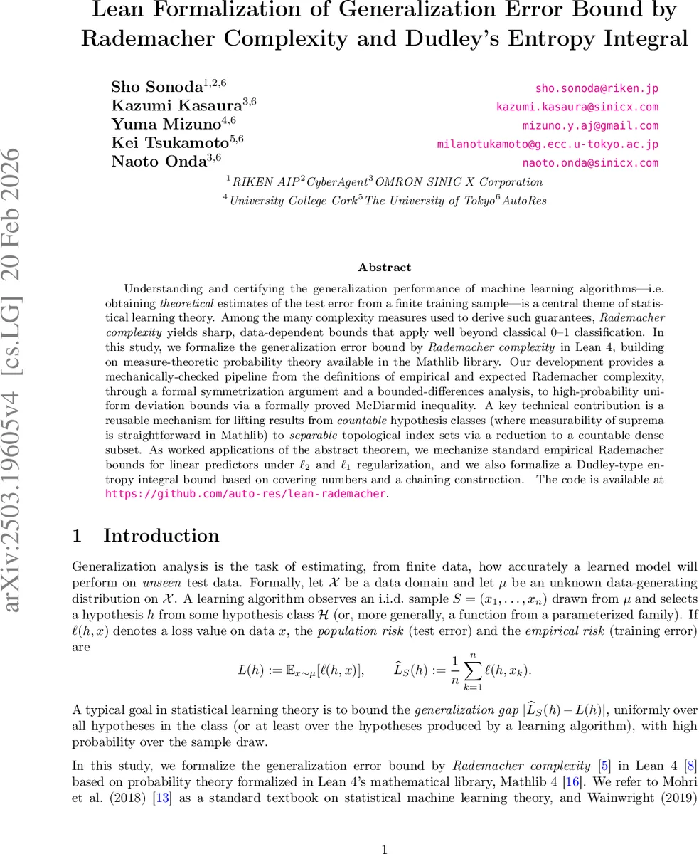 Lean Formalization of Generalization Error Bound by Rademacher Complexity and Dudley's Entropy Integral