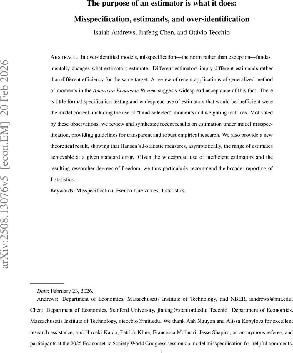 The purpose of an estimator is what it does: Misspecification, estimands, and over-identification