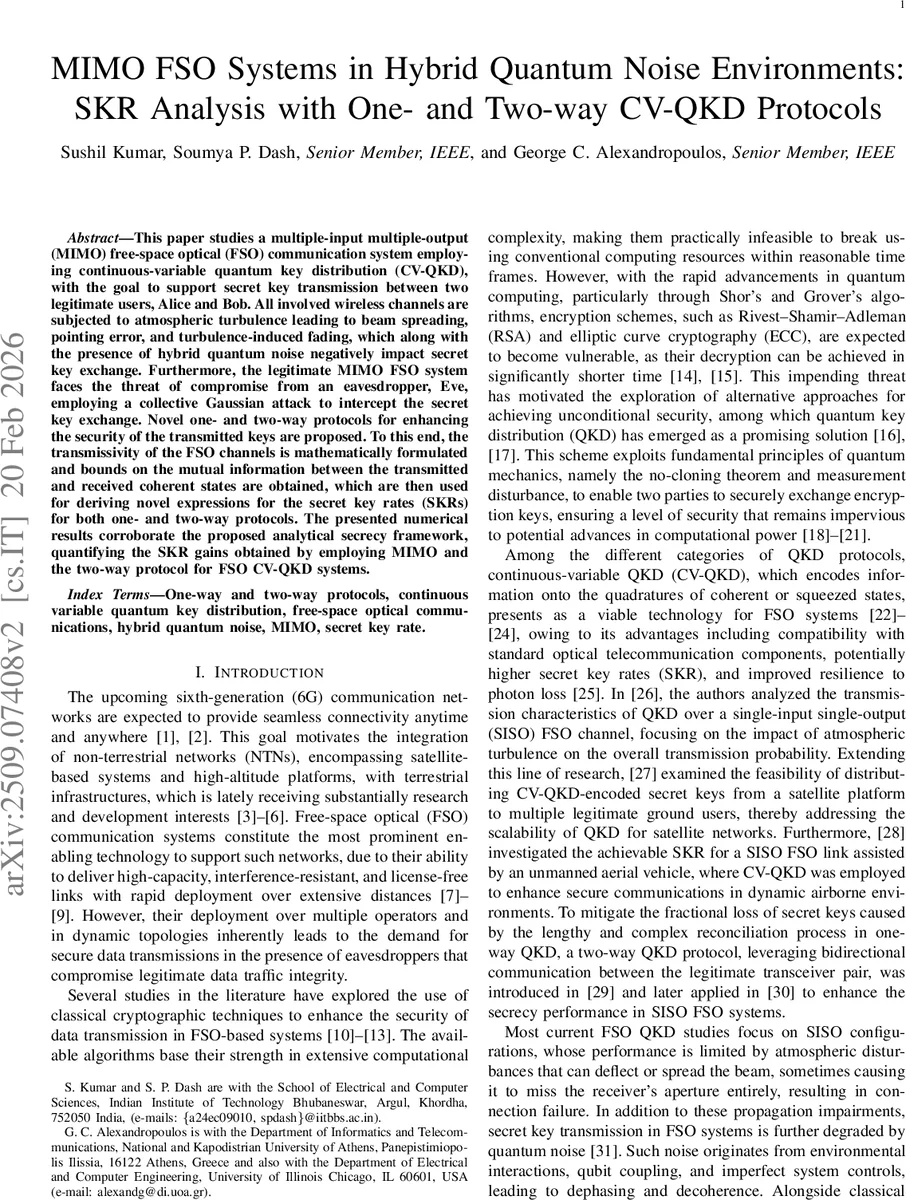 MIMO FSO Systems in Hybrid Quantum Noise Environments: SKR Analysis with One- and Two-way CV-QKD Protocols