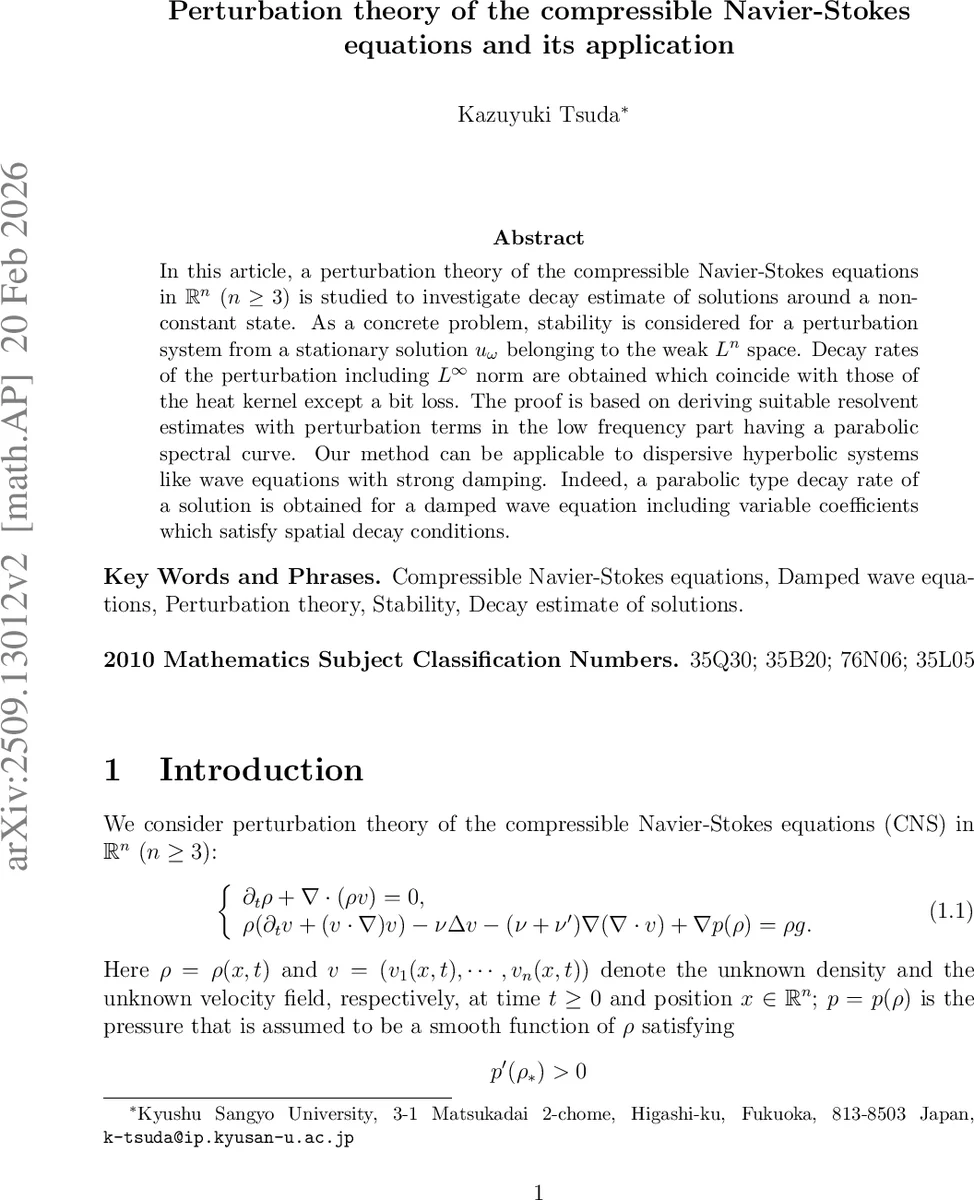 Perturbation theory of the compressible Navier-Stokes equations and its application