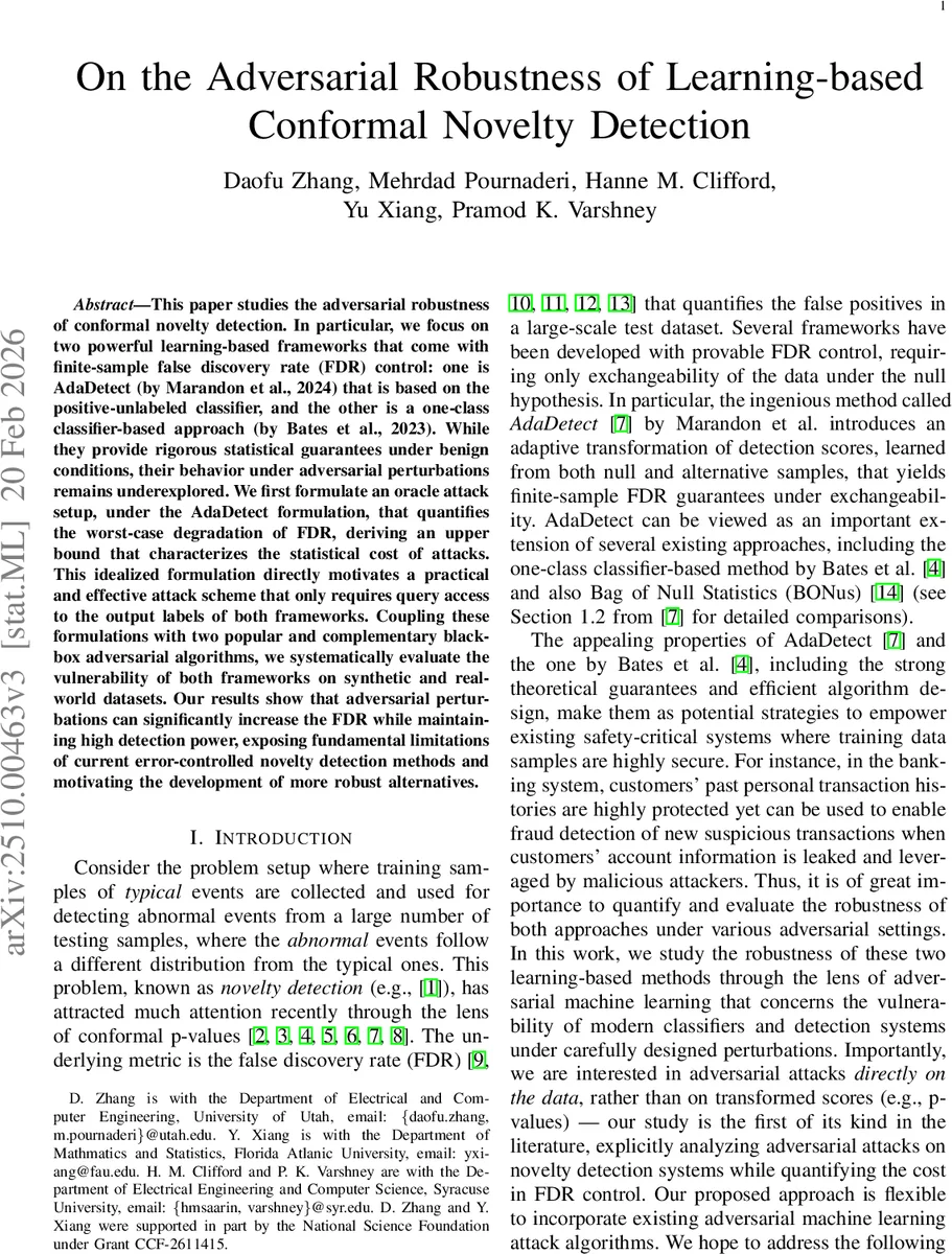On the Adversarial Robustness of Learning-based Conformal Novelty Detection