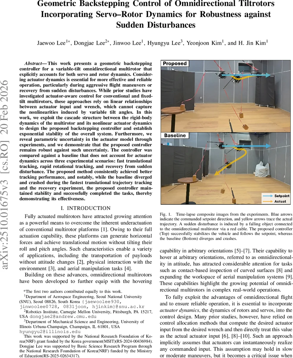 Geometric Backstepping Control of Omnidirectional Tiltrotors Incorporating Servo-Rotor Dynamics for Robustness against Sudden Disturbances