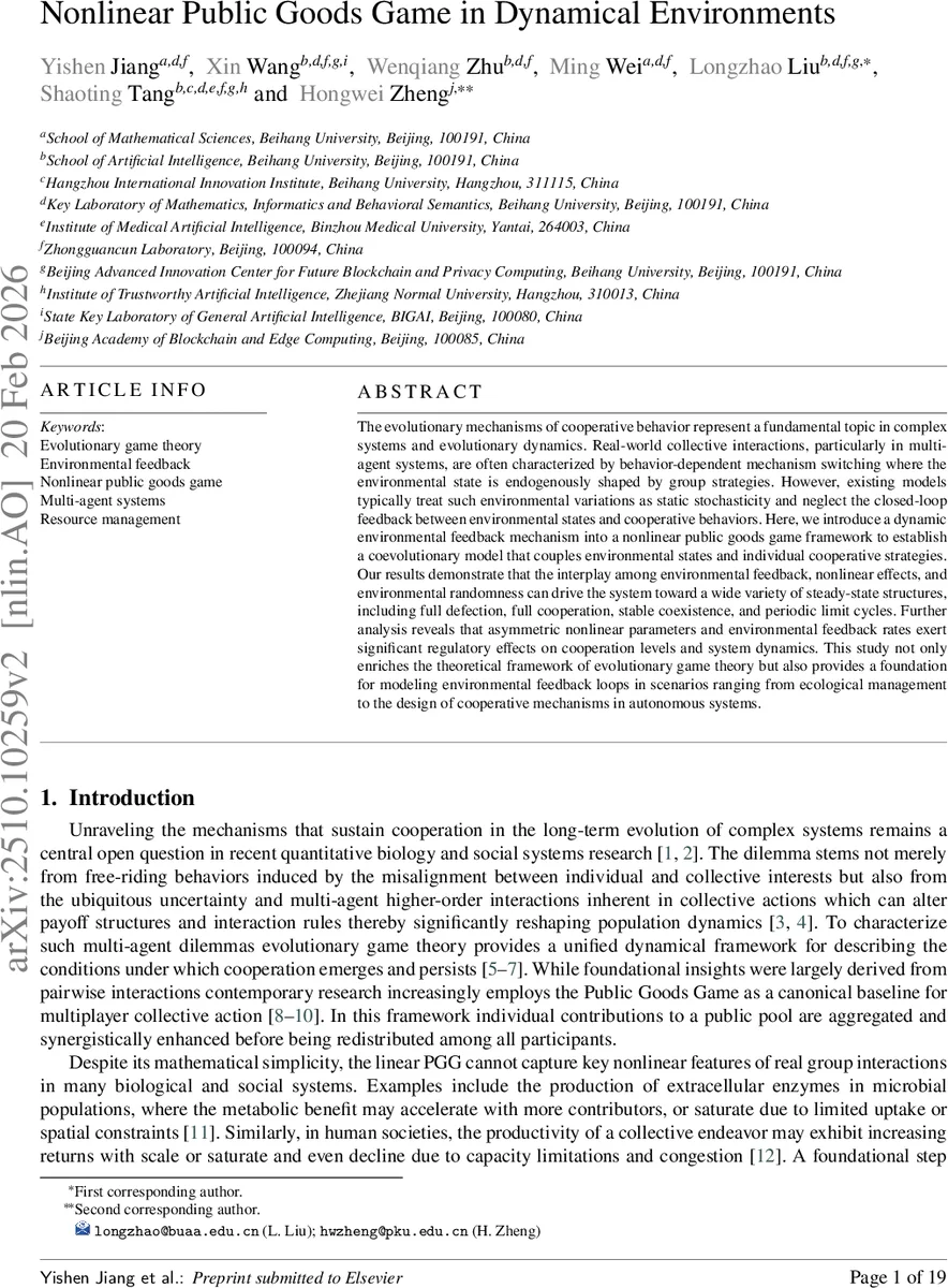 Nonlinear Public Goods Game in Dynamical Environments