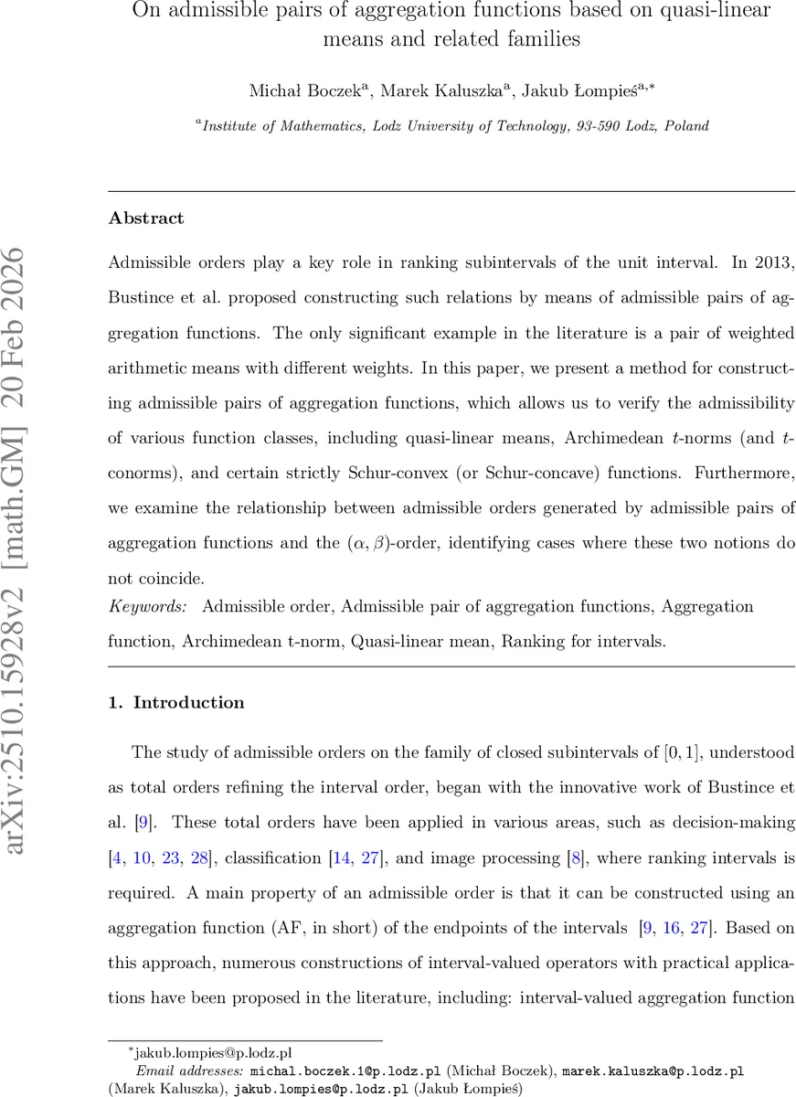 On admissible pairs of aggregation functions based on quasi-linear means and related families