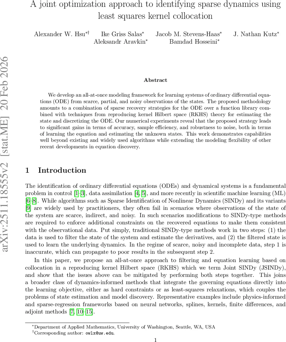 A joint optimization approach to identifying sparse dynamics using least squares kernel collocation