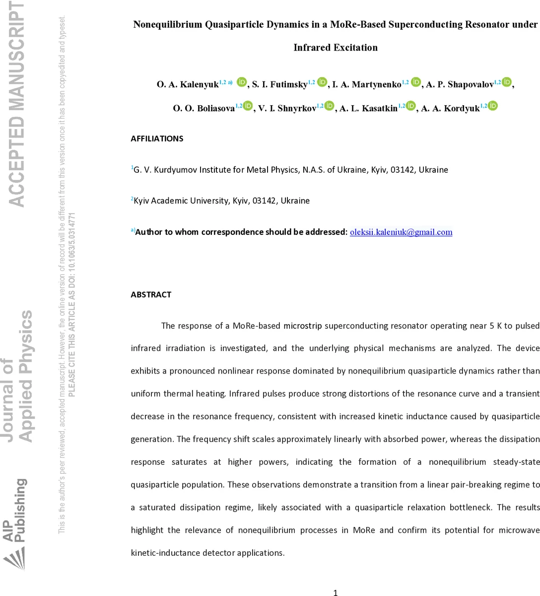 Nonequilibrium Quasiparticle Dynamics in a MoRe-Based Superconducting Resonator under IR Excitation