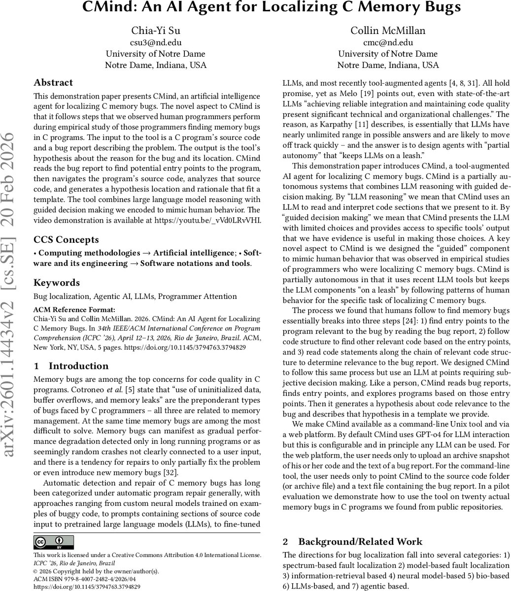 CMind: An AI Agent for Localizing C Memory Bugs