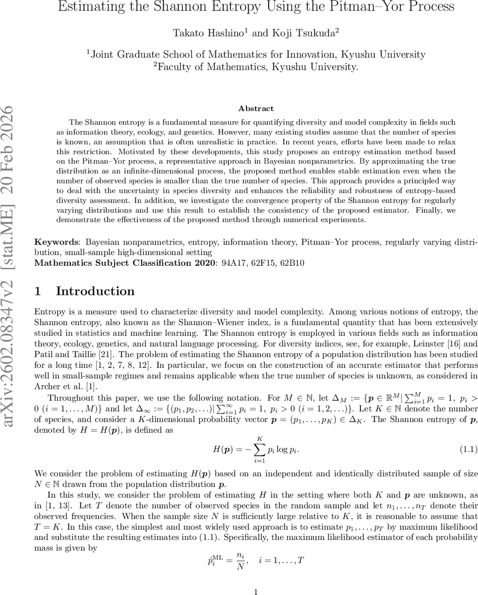 Estimating the Shannon Entropy Using the Pitman--Yor Process
