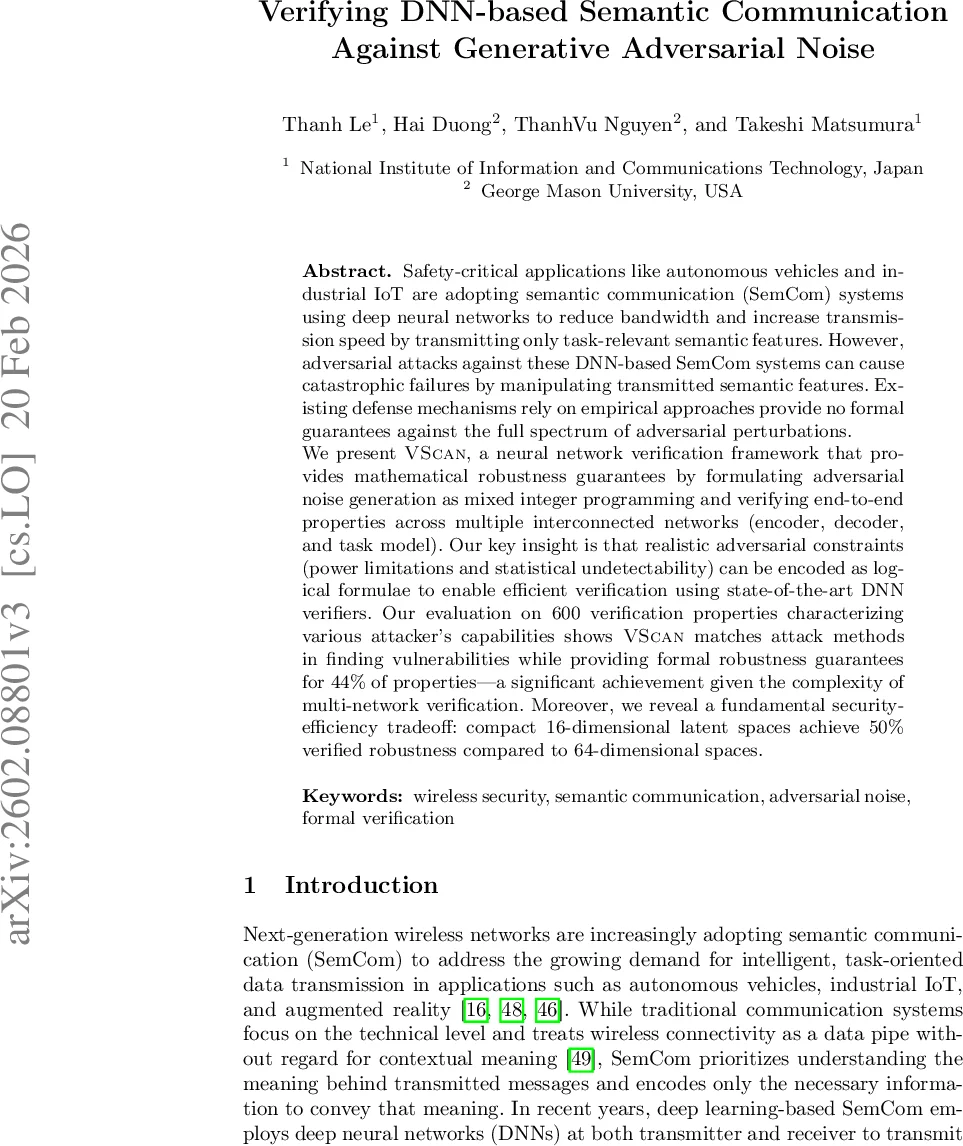 Verifying DNN-based Semantic Communication Against Generative Adversarial Noise