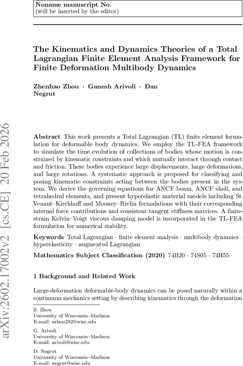 The Kinematics and Dynamics Theories of a Total Lagrangian Finite Element Analysis Framework for Finite Deformation Multibody Dynamics
