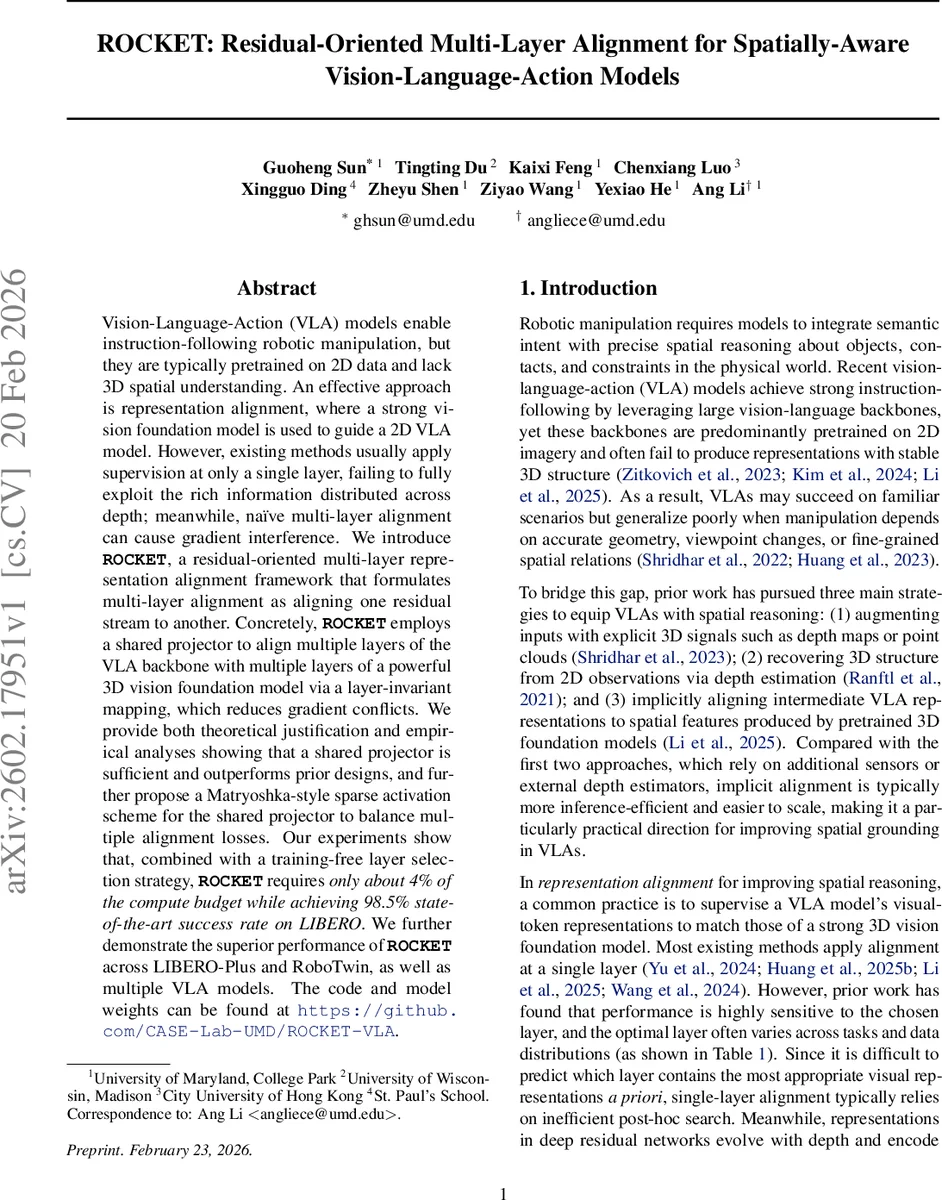 ROCKET: Residual-Oriented Multi-Layer Alignment for Spatially-Aware Vision-Language-Action Models