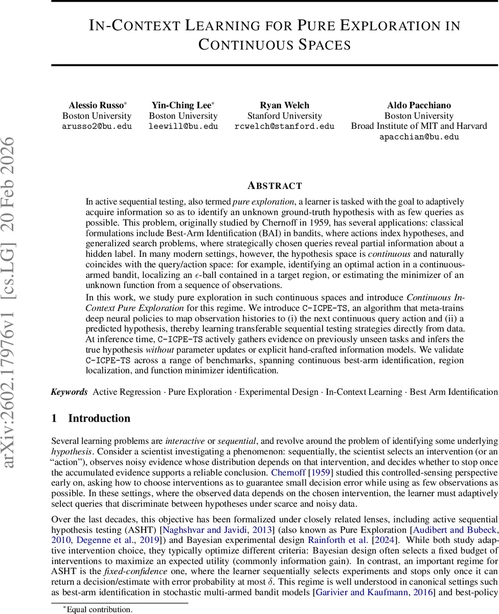 In-Context Learning for Pure Exploration in Continuous Spaces