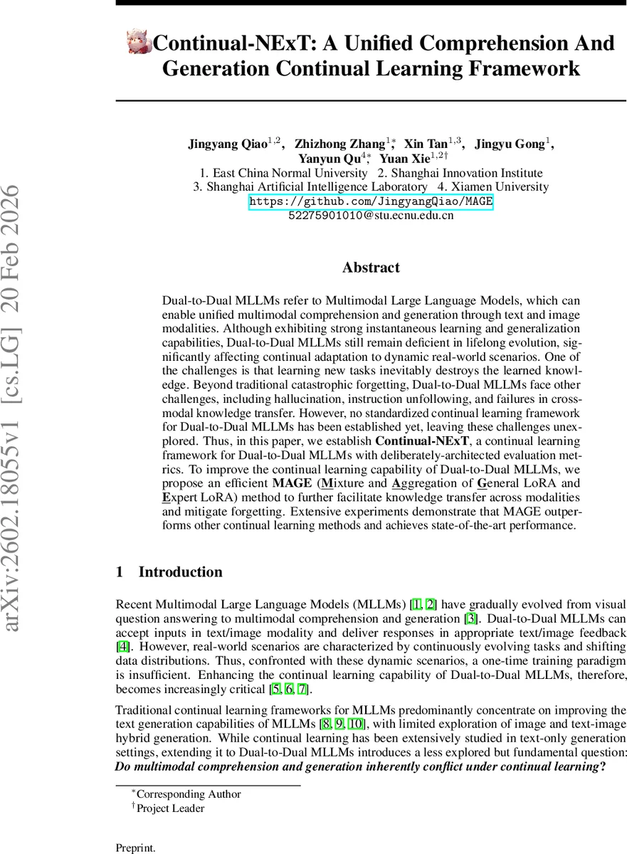 Continual-NExT: A Unified Comprehension And Generation Continual Learning Framework