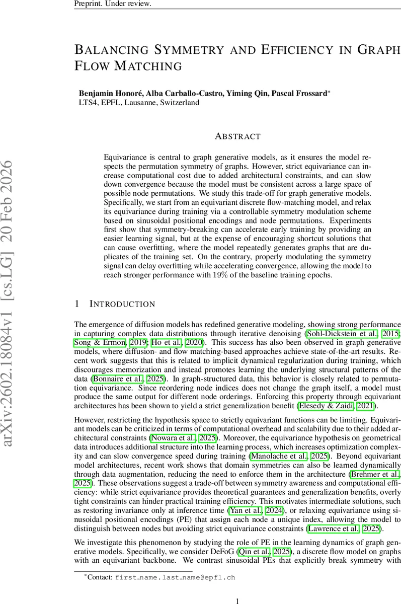 Balancing Symmetry and Efficiency in Graph Flow Matching