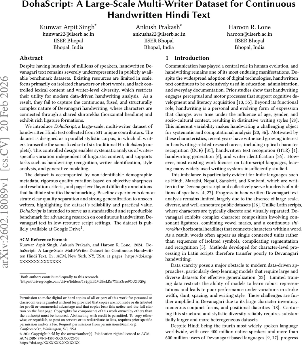 DohaScript: A Large-Scale Multi-Writer Dataset for Continuous Handwritten Hindi Text