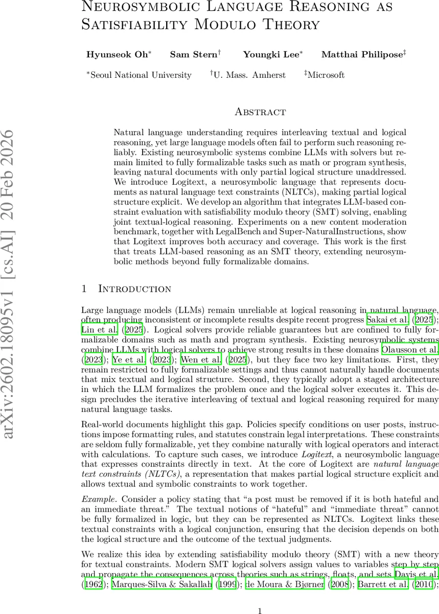 Neurosymbolic Language Reasoning as Satisfiability Modulo Theory