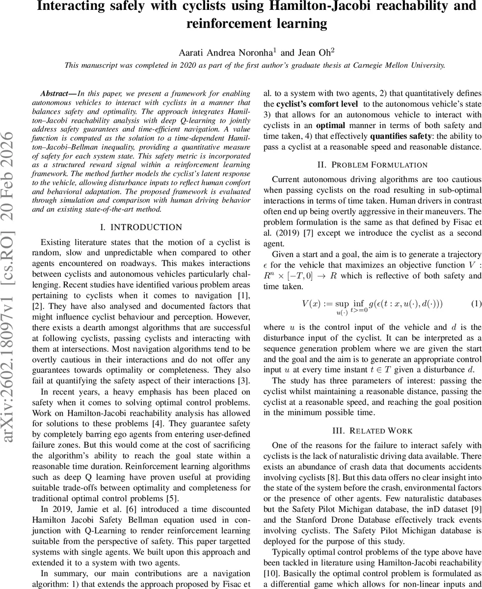 Interacting safely with cyclists using Hamilton-Jacobi reachability and reinforcement learning